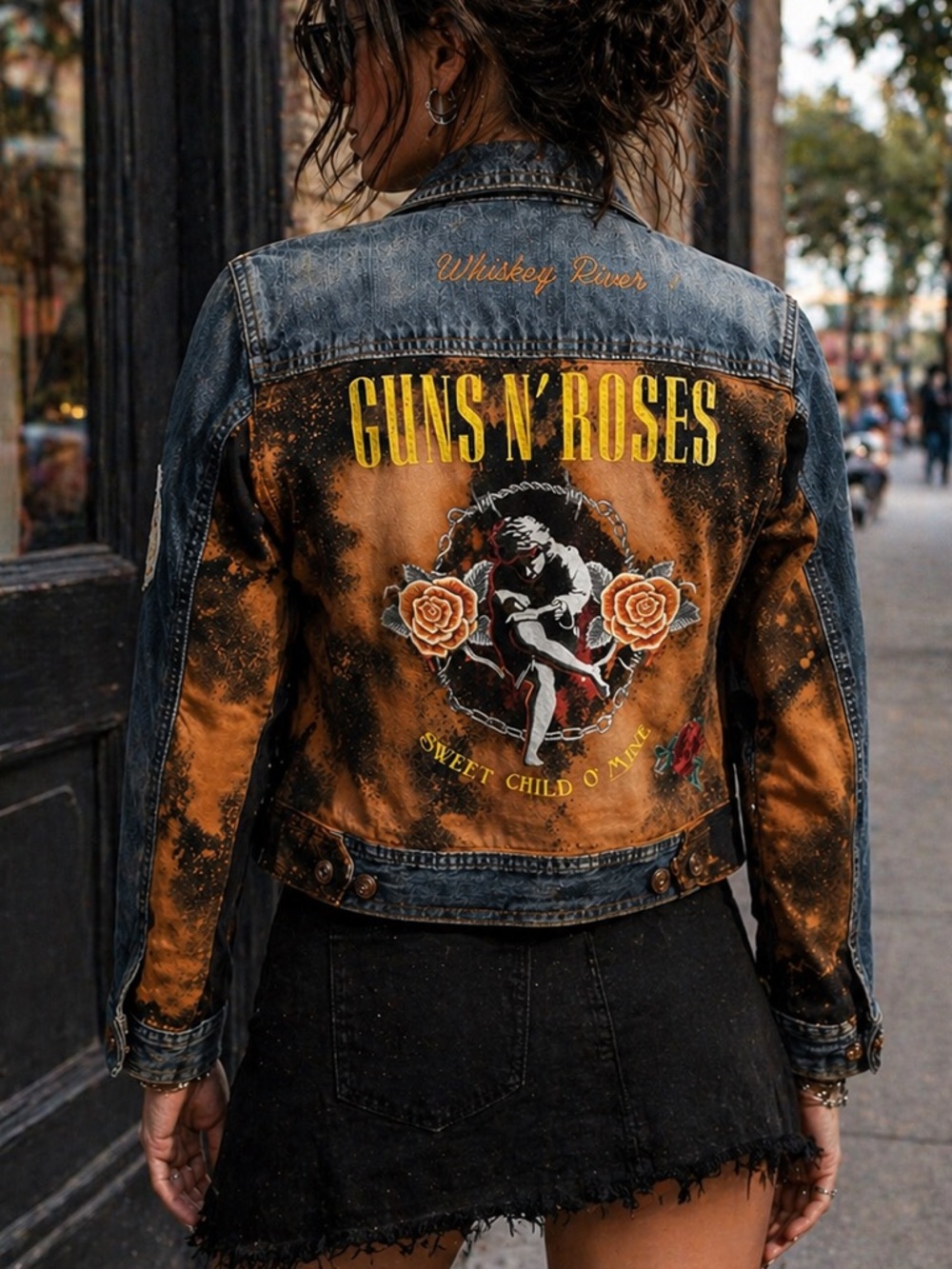 Reworked Customized Guns ‘N Roses Denim Jean Jacket Distressed Rock Band | S/M